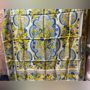 LOEWE Yellow & Blue Floral 100% Silk Scarf Orange Edge